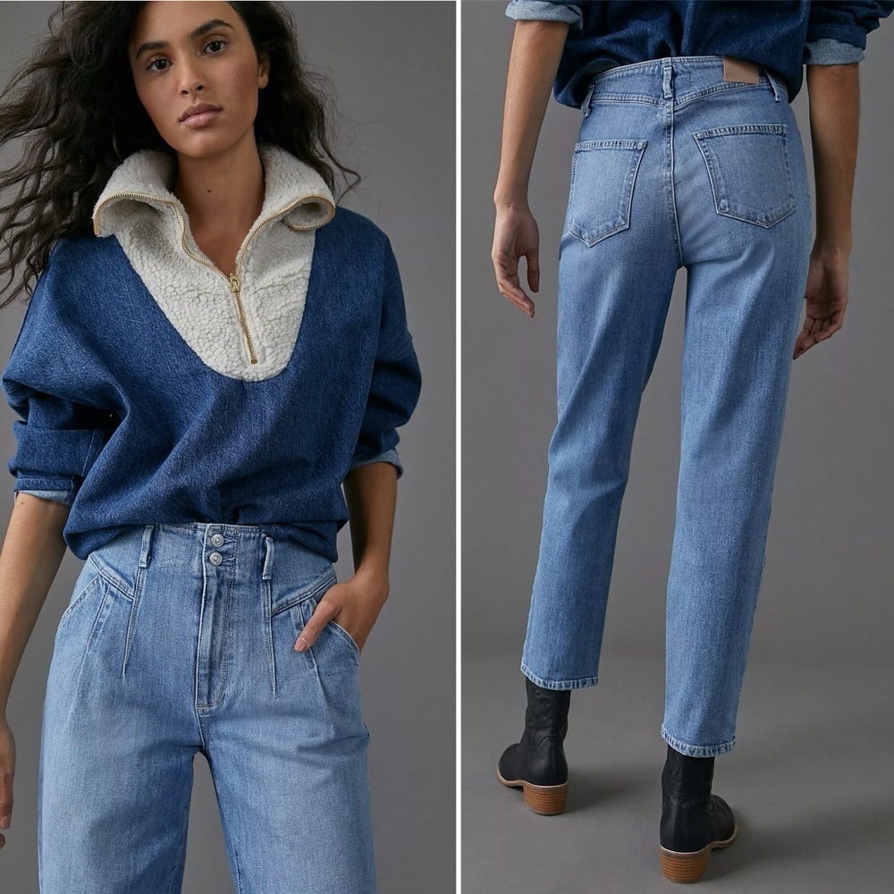 Paige Sarah Straight Ankle Jeans Denim Blue High Pleated Classic Retro 90s 29 - Picture 3 of 12